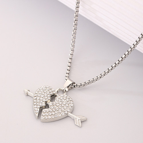 Simple Style Korean Style Heart Shape Stainless Steel  Rhinestones Pendant Necklace In Bulk