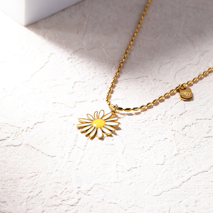 Basic Vacation Sweet Daisy Stainless Steel  Enamel Plating 18K Gold Plated Necklace