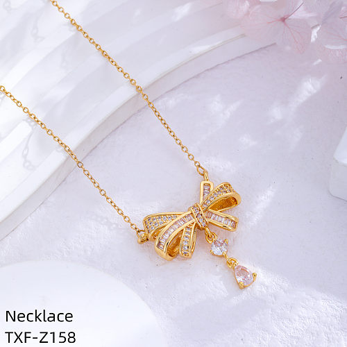 Simple Style Butterfly Bow Knot Stainless Steel  Inlay Rhinestones Zircon Gold Plated Pendant Necklace