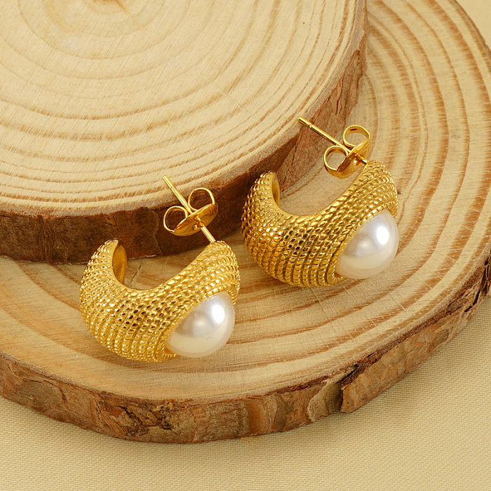 1 Pair Elegant Geometric Polishing Plating Inlay Stainless Steel  Pearl 18K Gold Plated Ear Studs