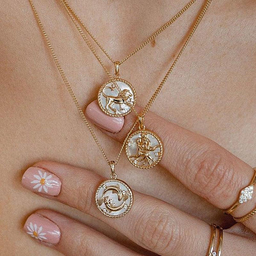 Casual Retro Constellation Stainless Steel  Plating Inlay Shell Zircon 18K Gold Plated Pendant Necklace