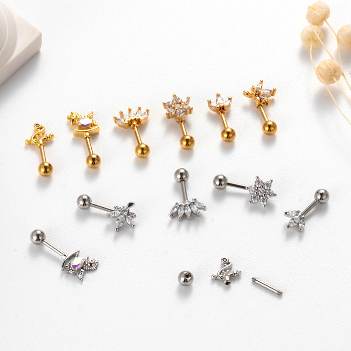 1 Piece Simple Style Cross Leaf Flower Flowers Stainless Steel  Zircon 18K Gold Plated Ear Studs