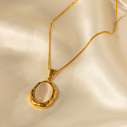 Collier pendentif ovale en acier inoxydable, 1 pièce, incrustation de pierre naturelle, à la mode