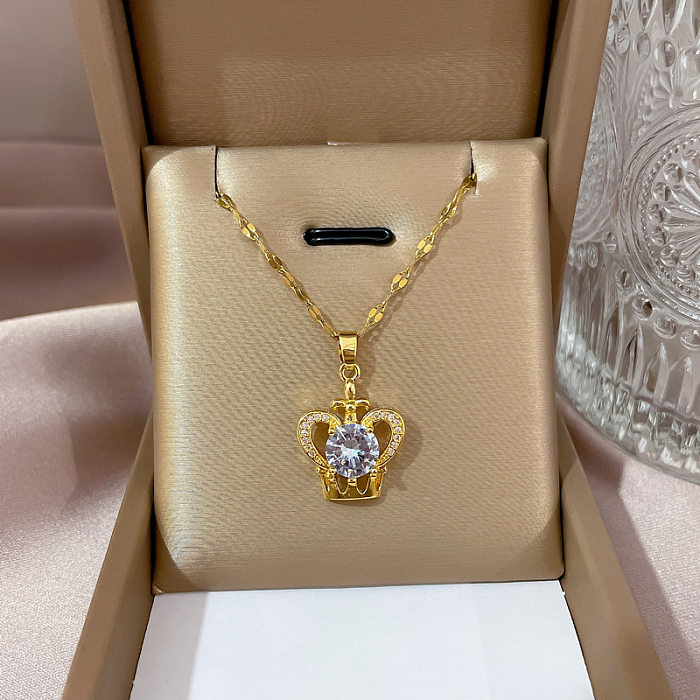 Simple Style Bear Heart Shape Crown Stainless Steel Copper Inlay Rhinestones Pendant Necklace