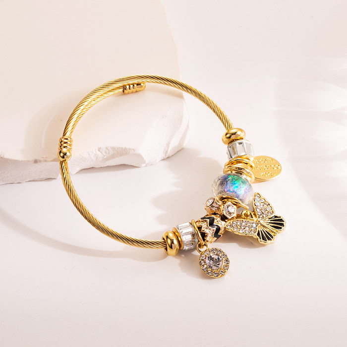 Elegante borboleta doce liga titânio aço chapeamento strass pulseira banhada a ouro