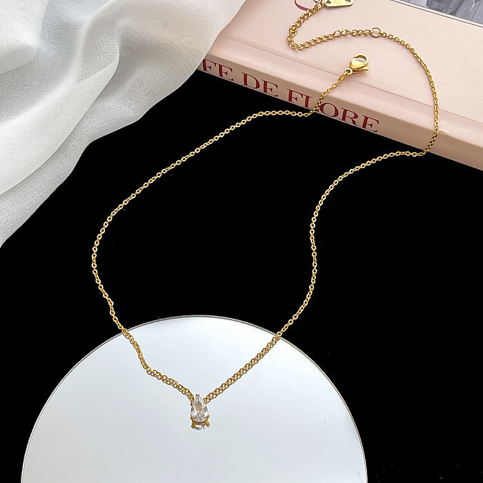 Casual Simple Style Water Droplets Stainless Steel Plating Inlay Zircon 18K Gold Plated Necklace