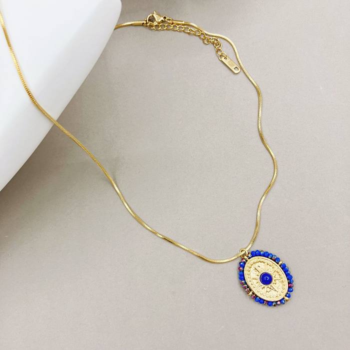 Fashion Sun Oval Stainless Steel  Stainless Steel Beaded Enamel Inlay Crystal Pendant Necklace 1 Piece