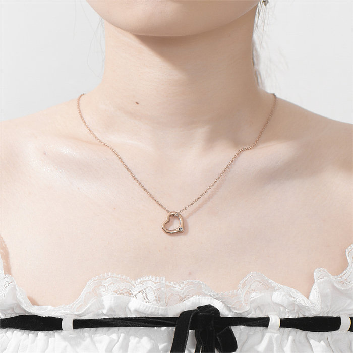 Collier pendentif plaqué or Rose, Style Simple, en forme de cœur, en acier inoxydable, placage de polissage, incrustation de diamant
