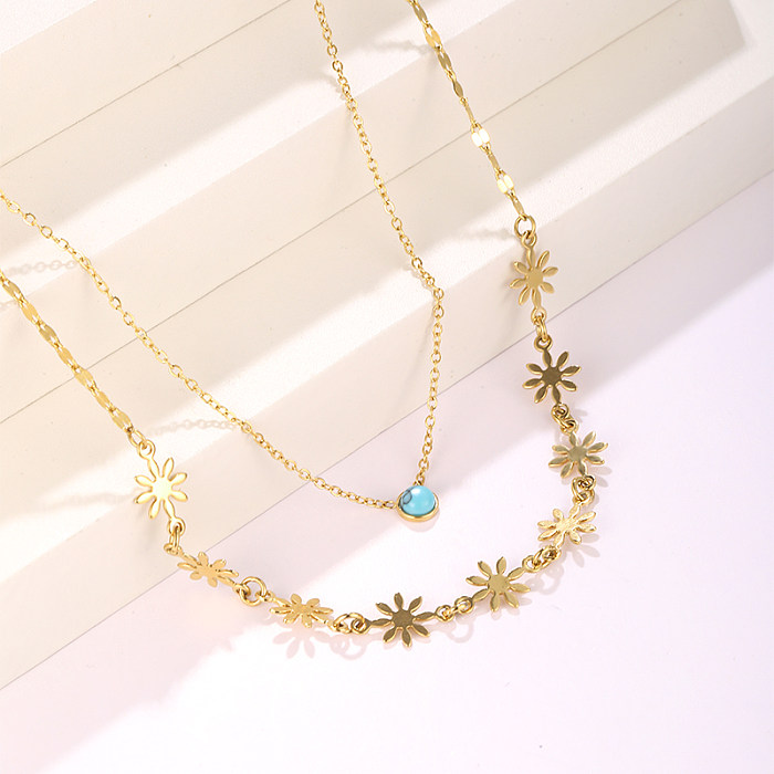 Hip-Hop Cool Style Flower Stainless Steel  Plating Inlay Turquoise 18K Gold Plated Double Layer Necklaces