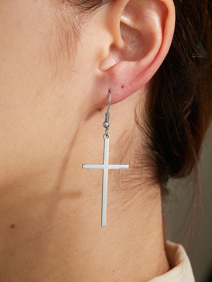 Crochet d'oreille en Zircon plaqué acier inoxydable, croix de Style Simple, 1 paire