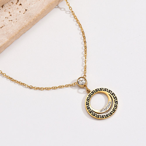 Modern Style Round Stainless Steel  Enamel Plating Inlay Rhinestones 14K Gold Plated Pendant Necklace