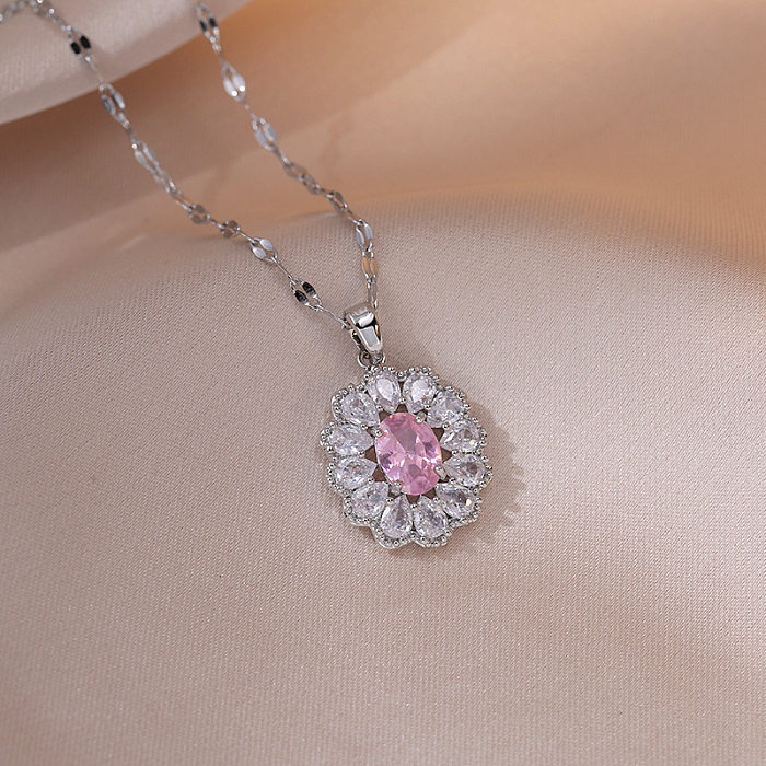 Elegant Luxurious Sweet Oval Stainless Steel Inlay Zircon Pendant Necklace