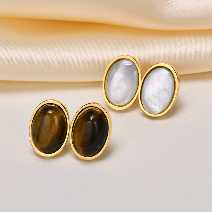 1 Pair Retro Oval Plating Inlay Stainless Steel Natural Stone Shell Ear Studs