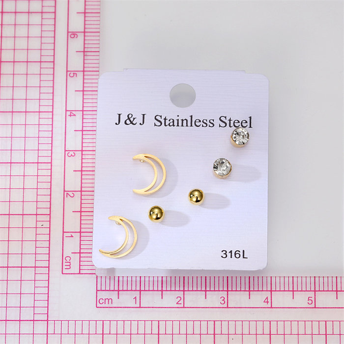 3 Pairs Simple Style Moon Stainless Steel  Inlay Zircon Ear Studs