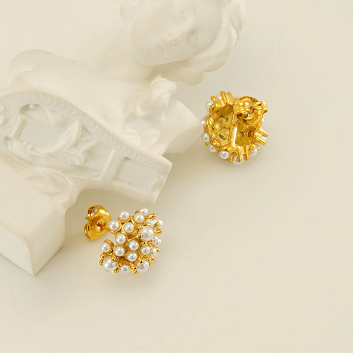 Pendientes chapados en oro de 1 quilates con incrustaciones de acero inoxidable y perlas de agua dulce, elegantes, geométricos, 18 par
