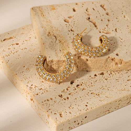 1 Pair Simple Style Solid Color Plating Inlay Stainless Steel  Rhinestones 18K Gold Plated Hoop Earrings