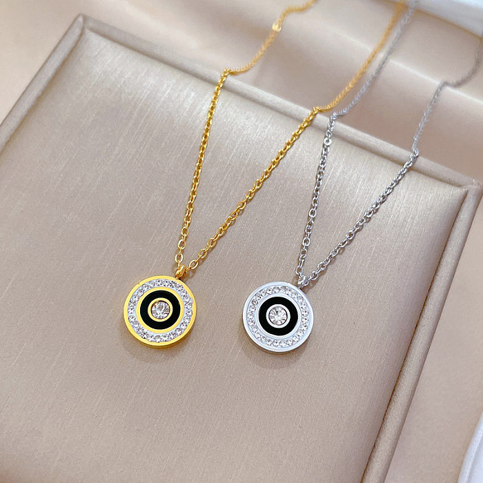 Vintage Style Round Color Block Stainless Steel Inlay Artificial Gemstones Pendant Necklace