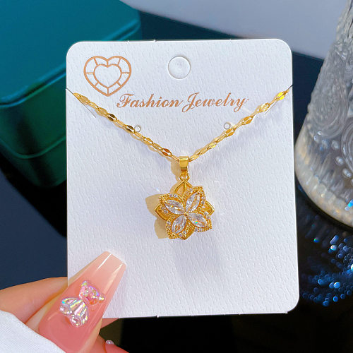 Fashion Flower Stainless Steel Copper Inlay Artificial Diamond Pendant Necklace