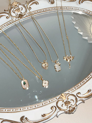 1 Piece Fashion Rabbit Flower Key Stainless Steel  Plating Inlay Shell Zircon Pendant Necklace