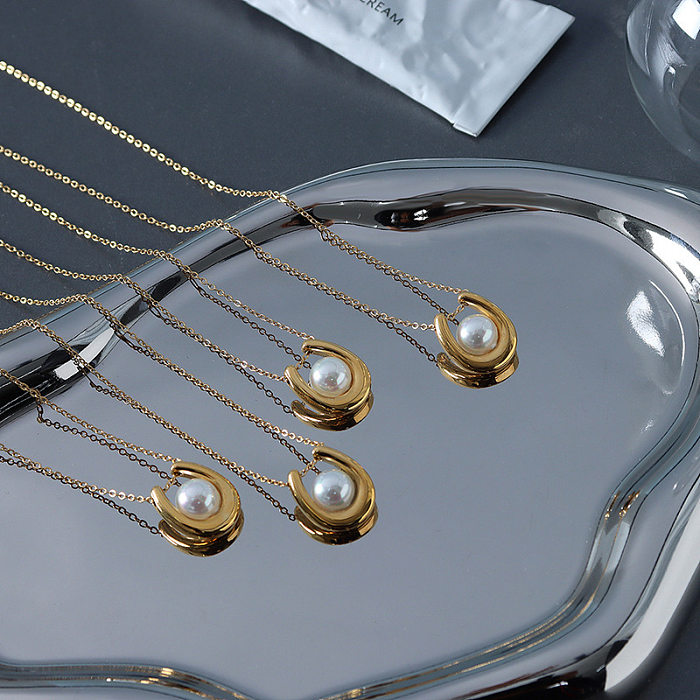 Elegante Halskette mit U-förmigem Edelstahlüberzug und künstlichen Perlenanhänger