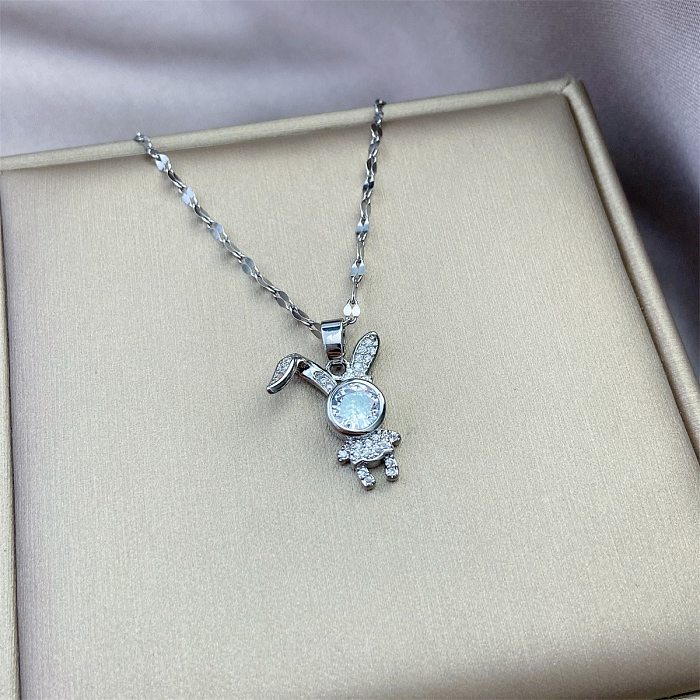 Elegant Cute Rabbit Animal Bear Stainless Steel  Copper Plating Inlay Zircon Pendant Necklace