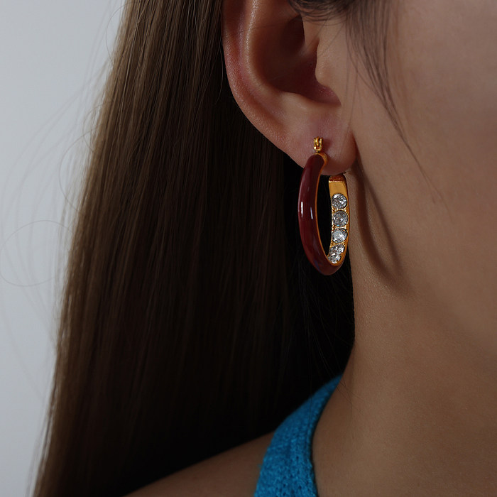 Boucles d'oreilles créoles en forme de U, Style Simple et doux, couleur unie, incrustation d'émail, en acier inoxydable, Zircon plaqué or 1 carats, 18 paire