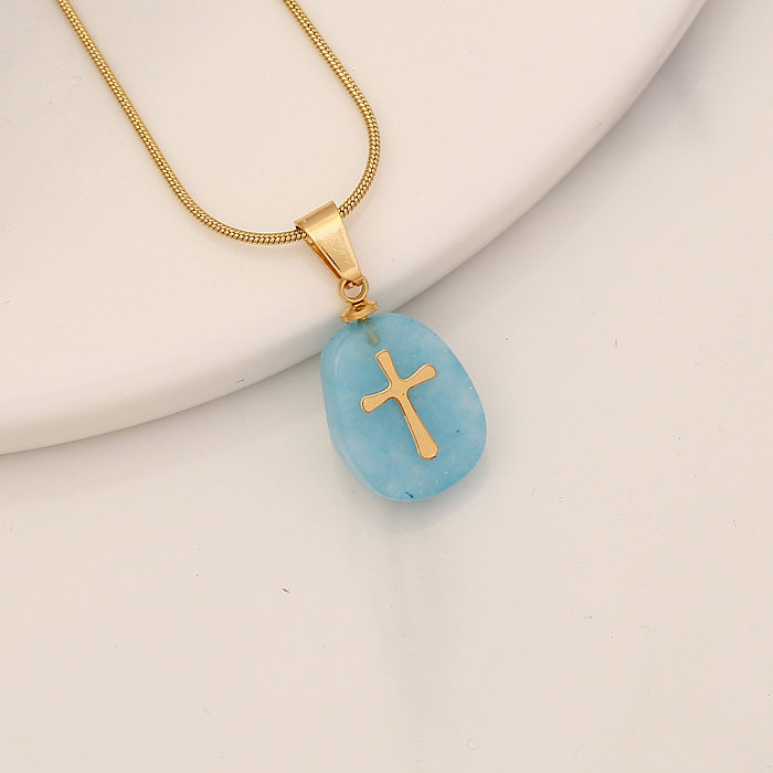 1 Piece Retro Cross Stainless Steel  Natural Stone Turquoise Pendant Necklace