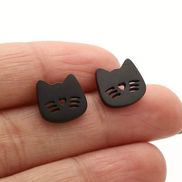 1 paire de clous d'oreilles en acier inoxydable, Style Simple et mignon, placage de chat ajouré