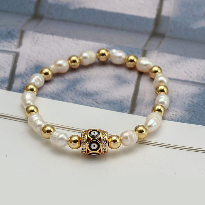 Fashion Devil'S Eye Titanium Steel Beaded Pearl Inlay Zircon Bracelets 1 Piece