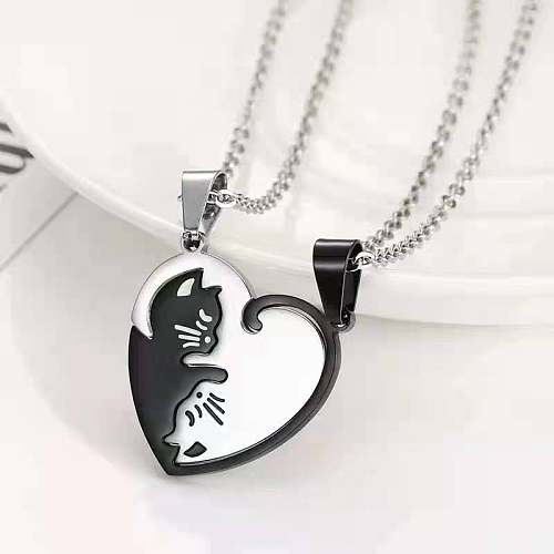 Cartoon Style Heart Shape Cat Stainless Steel Pendant Necklace