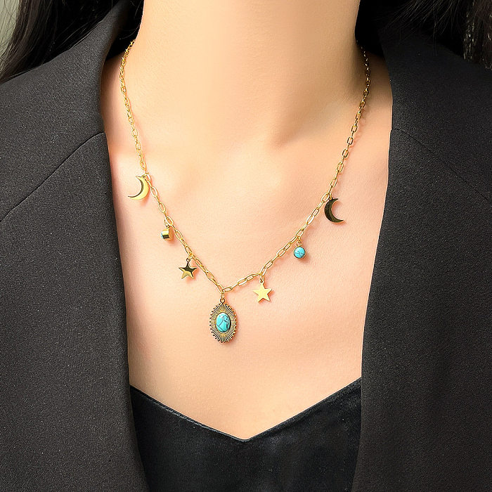 Simple Style Star Moon Eye Stainless Steel Plating Turquoise Layered Necklaces Pendant Necklace 1 Piece