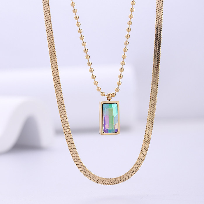 Vintage Style Rectangle Stainless Steel  Plating Inlay Crystal 18K Gold Plated Pendant Necklace
