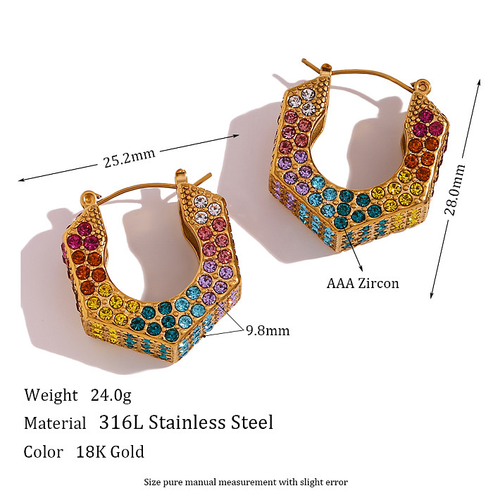 1 Pair Shiny Hexagon Stainless Steel  Plating Inlay Zircon 18K Gold Plated Hoop Earrings