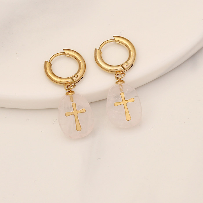 1 Pair Retro Cross Stainless Steel  Natural Stone Inlaid Gold Drop Earrings