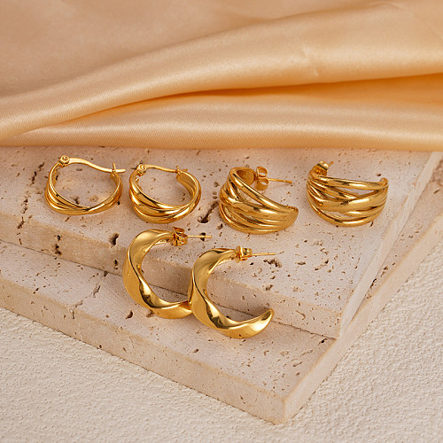 1 par de pendientes chapados en oro de acero inoxidable con líneas en forma de C de estilo Simple para vacaciones en la playa