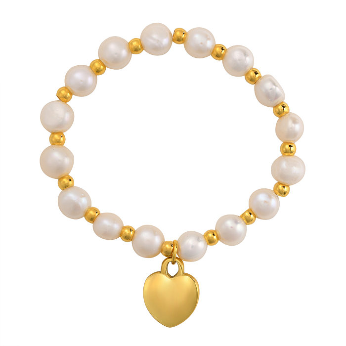Fashion Heart Shape Stainless Steel Pearl Beaded Plating Bracelets 1 Piece