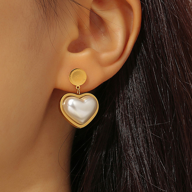 1 paire de boucles d'oreilles pendantes en forme de cœur, Style Simple et décontracté, incrustation en acier inoxydable, acrylique plaqué or 18 carats