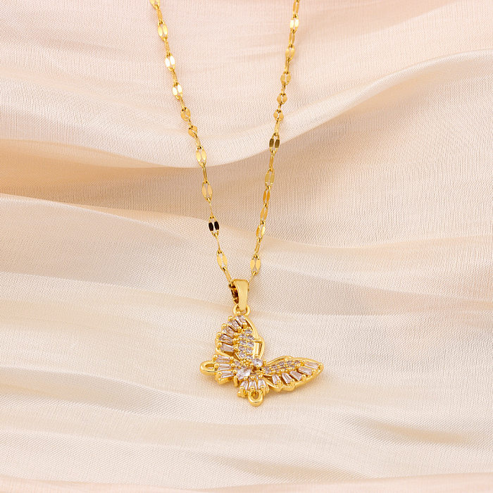 IG Style Butterfly Stainless Steel  Plating Inlay Zircon 18K Gold Plated Pendant Necklace