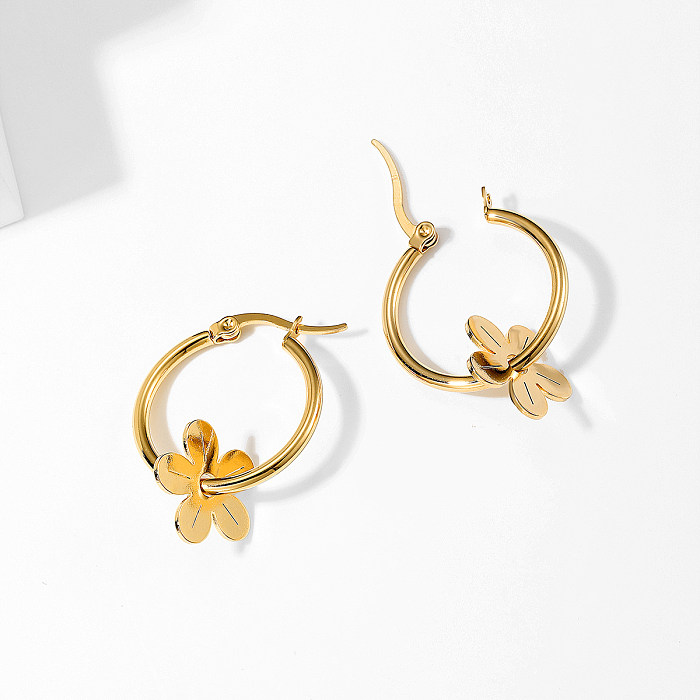 1 paire de boucles d'oreilles pendantes en acier inoxydable plaqué or 18 carats, Style IG, placage de fleur pastorale tridimensionnelle