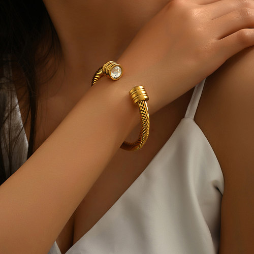 Simple Style Commute Solid Color Stainless Steel Plating Inlay Rhinestones 18K Gold Plated Bangle