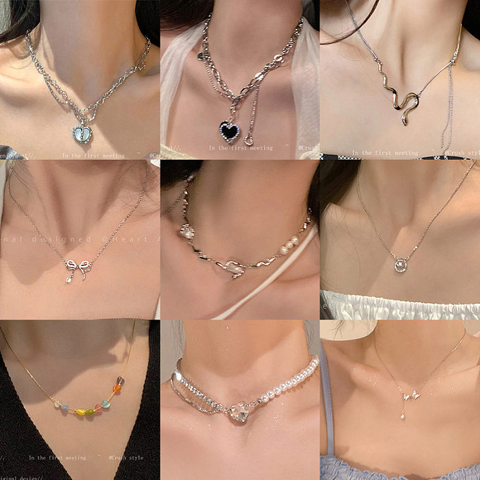 Colliers Multicouches en Zircon de Perles en Acier Inoxydable en Forme de Coeur à la Mode 1 Pièce