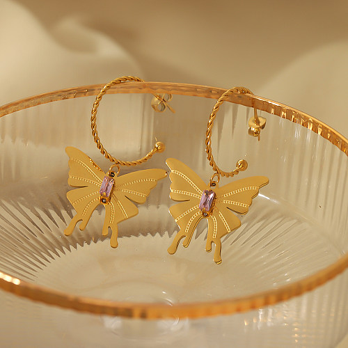 Boucles d'oreilles pendantes Style Vintage, 1 paire, incrustation de placage papillon doux, en acier inoxydable, Zircon plaqué or 18 carats