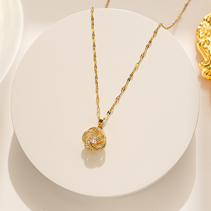 Simple Style Four Leaf Clover Stainless Steel  Plating Inlay Zircon 18K Gold Plated Pendant Necklace