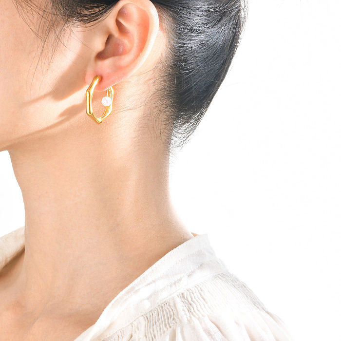 Simple Style Solid Color Stainless Steel  Inlay Artificial Pearls Hoop Earrings