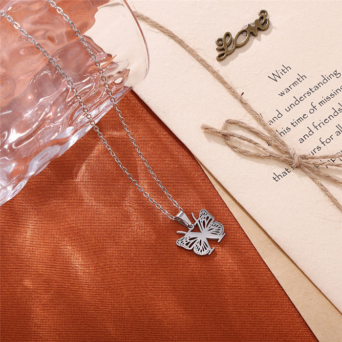 Romantic Simple Style Letter Butterfly Stainless Steel  Plating Hollow Out 18K Gold Plated Pendant Necklace