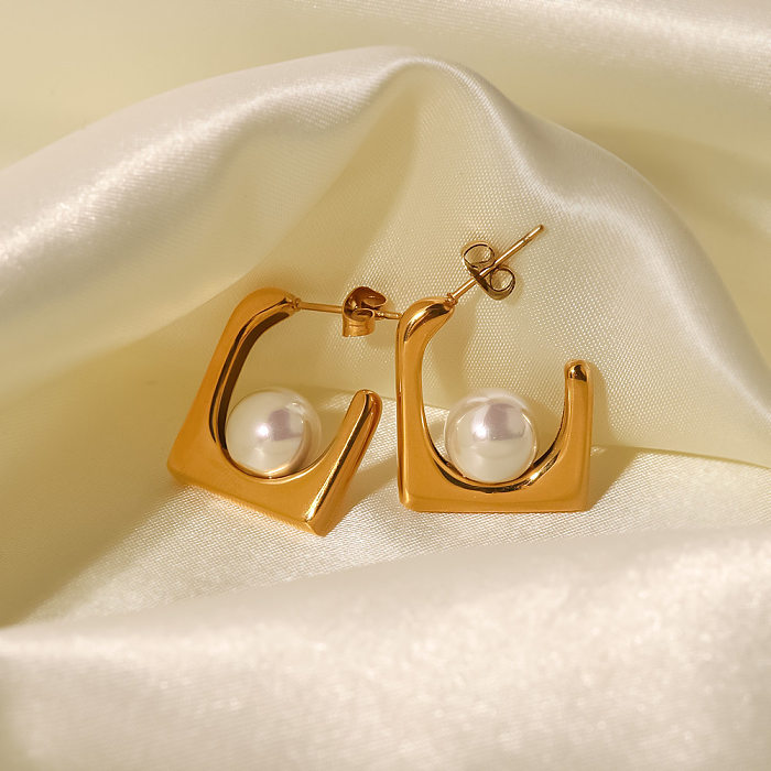 Clous d'oreilles rétro géométriques en acier inoxydable plaqué perles, 1 paire