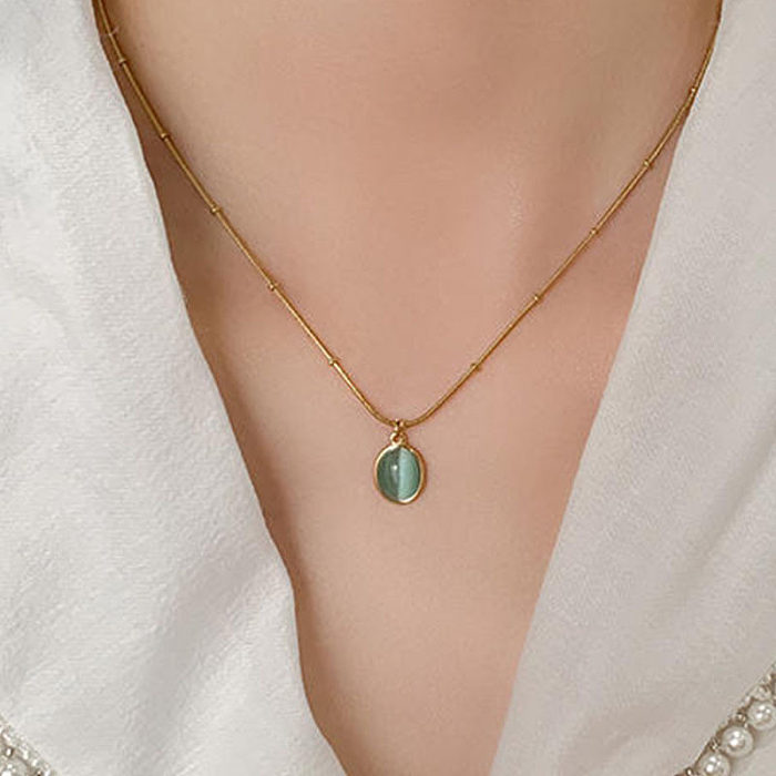 Collier pendentif ovale en acier inoxydable, Style Simple et décontracté, avec incrustation d'opale