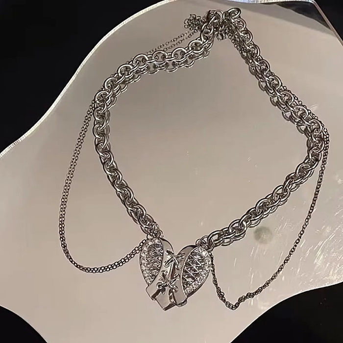 Fashion Heart Shape Stainless Steel  Inlay Zircon Pendant Necklace 1 Piece