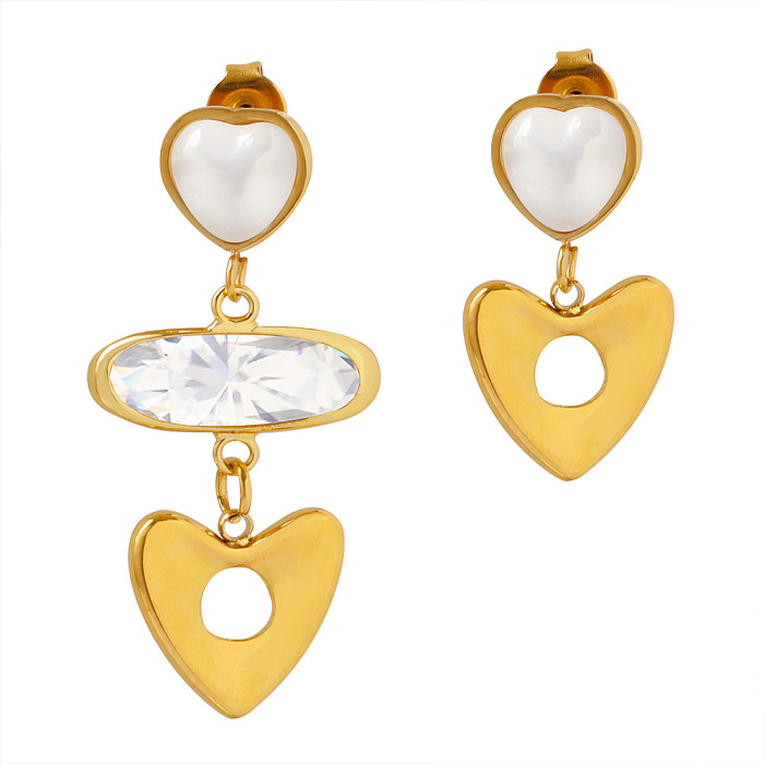 1 par de pendientes colgantes chapados en oro de 18K con incrustaciones de perlas artificiales de acero inoxidable con forma de corazón Glam
