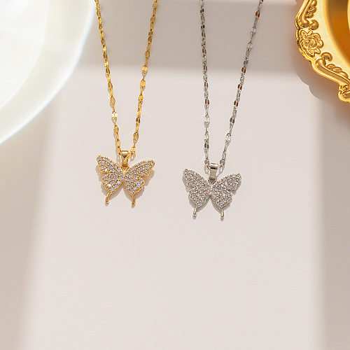 Wholesale Sweet Butterfly Stainless Steel Rhinestones Pendant Necklace